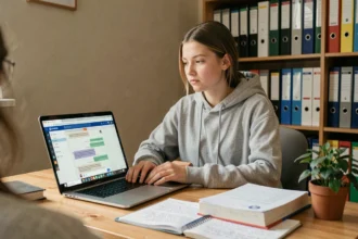 Adolescente utilisant ChatGPT sur son ordinateur portable pour l'aider à faire ses devoirs scolaires
