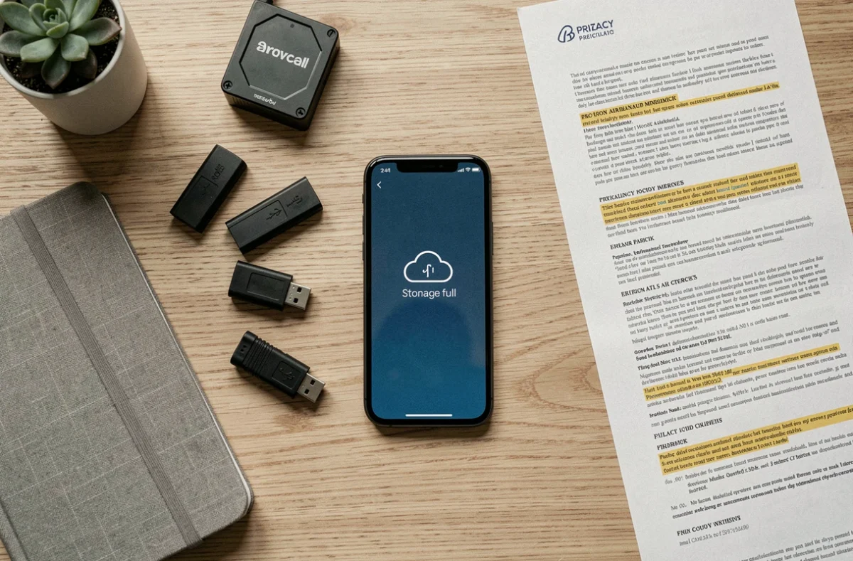 Vue aérienne d'un bureau avec smartphone affichant une alerte de stockage cloud plein, entouré de disques durs et documents sur la confidentialité des données