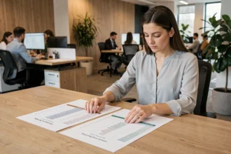 Femme alignant deux tableaux imprimés sur un bureau en bois dans un bureau moderne