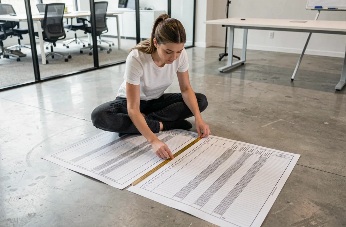 Jeune femme alignant deux grands tableaux imprimés sur le sol d'une salle de réunion moderne