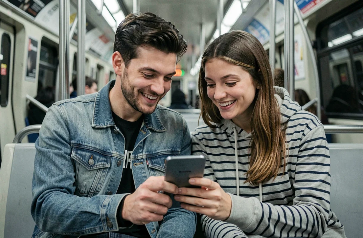 Deux amis dans le métro consultant ensemble un smartphone Samsung Galaxy AI, montrant une interaction naturelle avec la technologie
