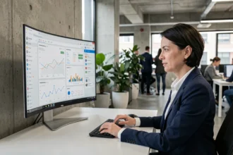 Professionnelle en marketing digital analysant des données de mise à jour d'algorithme Google SEO 2026 sur un écran d'ordinateur dans un bureau moderne