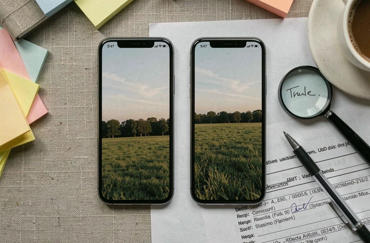 Vue aérienne d'une analyse forensique de photographies manipulées avec loupe et annotations sur un bureau