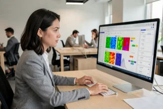 Une professionnelle analysant des métriques UX sur un écran affichant des heatmaps et diagrammes de flux utilisateur dans un bureau moderne