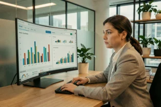 Une professionnelle analysant des métriques de publicité numérique sur un écran de bureau dans un open space moderne