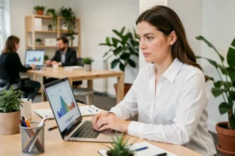 Femme en bureau moderne analysant des données de conversion sur un ordinateur portable