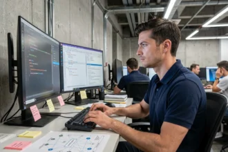 Analyste en sécurité informatique réalisant un audit de vulnérabilité sur un poste de travail avec double écran affichant des rapports de scan