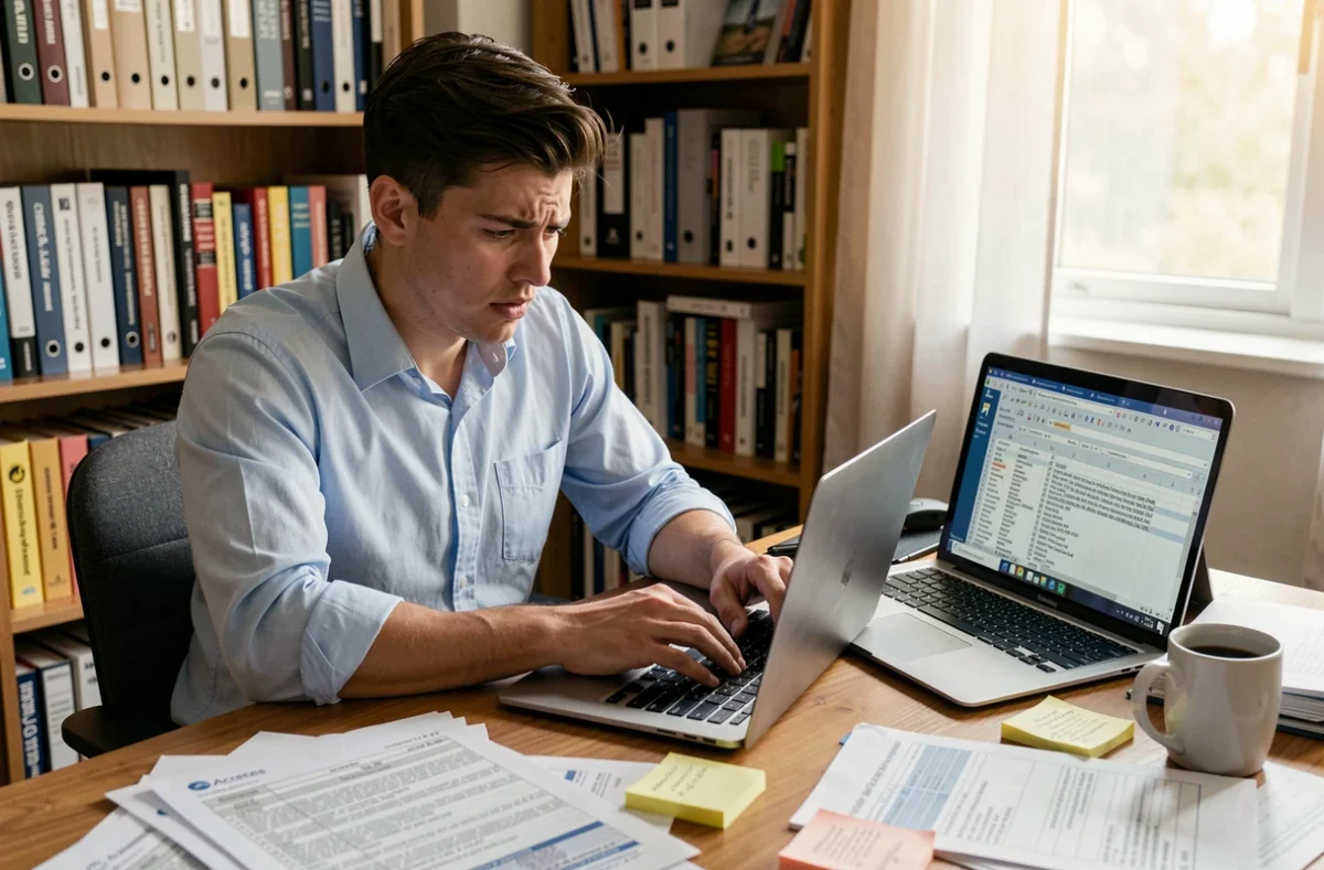 Jeune analyste de données frustré par un fichier Excel complexe avec une solution Access ouverte en arrière-plan