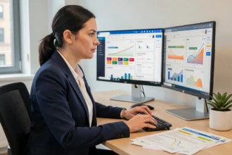Analyste marketing assise devant des écrans affichant des tableaux de bord SEM avec graphiques de mots-clés et métriques de campagnes Google Ads