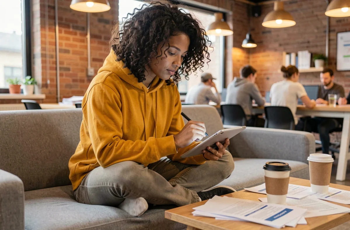 Jeune personne utilisant une application de conversion PDF sur tablette dans un espace de coworking
