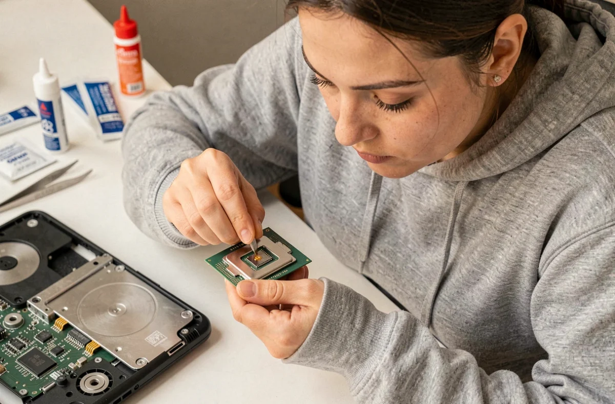 Femme appliquant de la pâte thermique sur un processeur lors d'une opération de maintenance informatique
