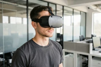 Homme portant un casque de réalité virtuelle dans un bureau moderne, illustrant les applications professionnelles de la RV