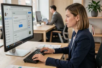 Une professionnelle clique pour mettre fin à une campagne Google Ads sur son ordinateur de bureau au bureau
