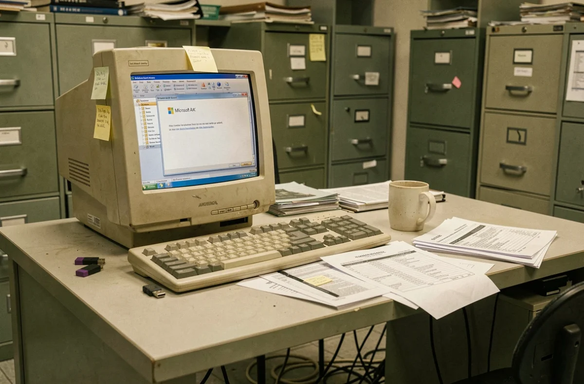 Bureau de petite entreprise abandonné avec un ordinateur affichant une erreur Microsoft Access entouré de documents désorganisés