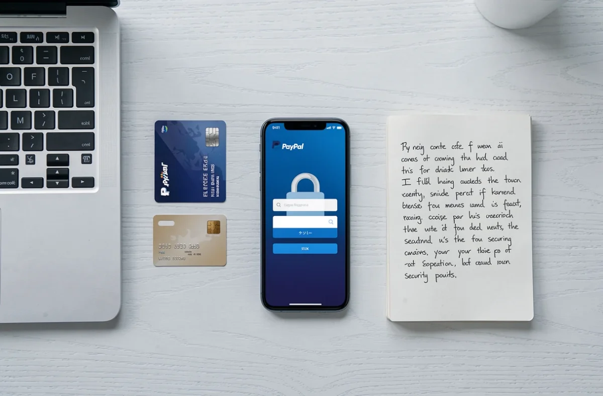 Vue de dessus d'un bureau avec ordinateur, carte bancaire et smartphone affichant PayPal, symbolisant la sécurité des paiements en ligne