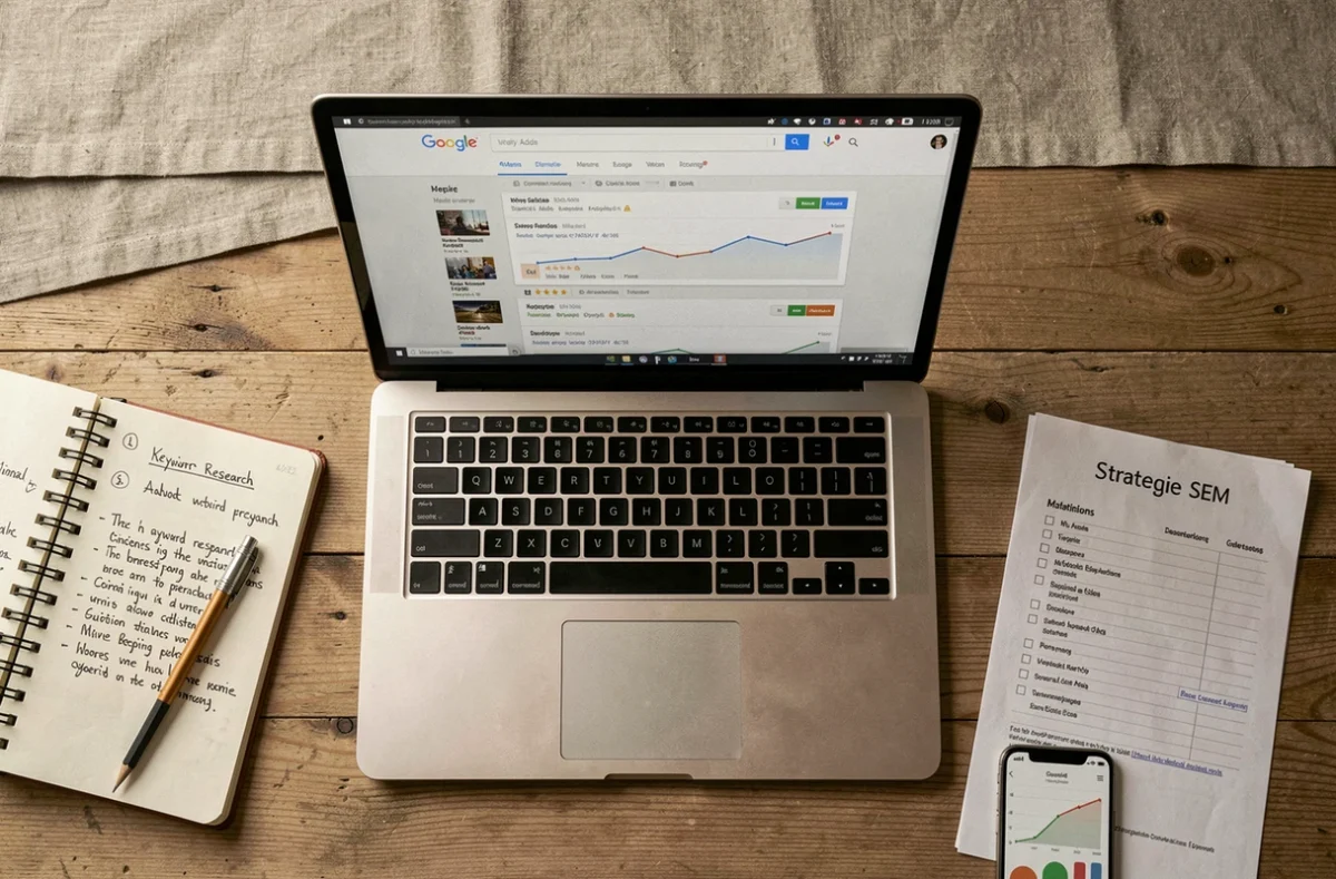 Vue aérienne d'un bureau avec interface Google Ads ouverte, notes manuscrites de recherche de mots-clés et checklist de stratégie SEM
