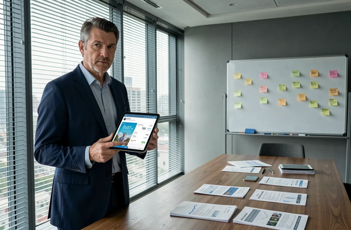 Un cadre examinant les résultats d'une campagne publicitaire numérique sur une tablette dans une salle de réunion