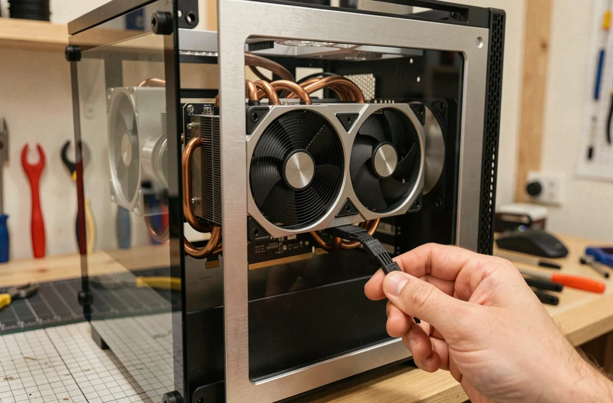 Carte graphique haute performance installée dans un boîtier PC vitré pour du gaming 1440p à 165 Hz