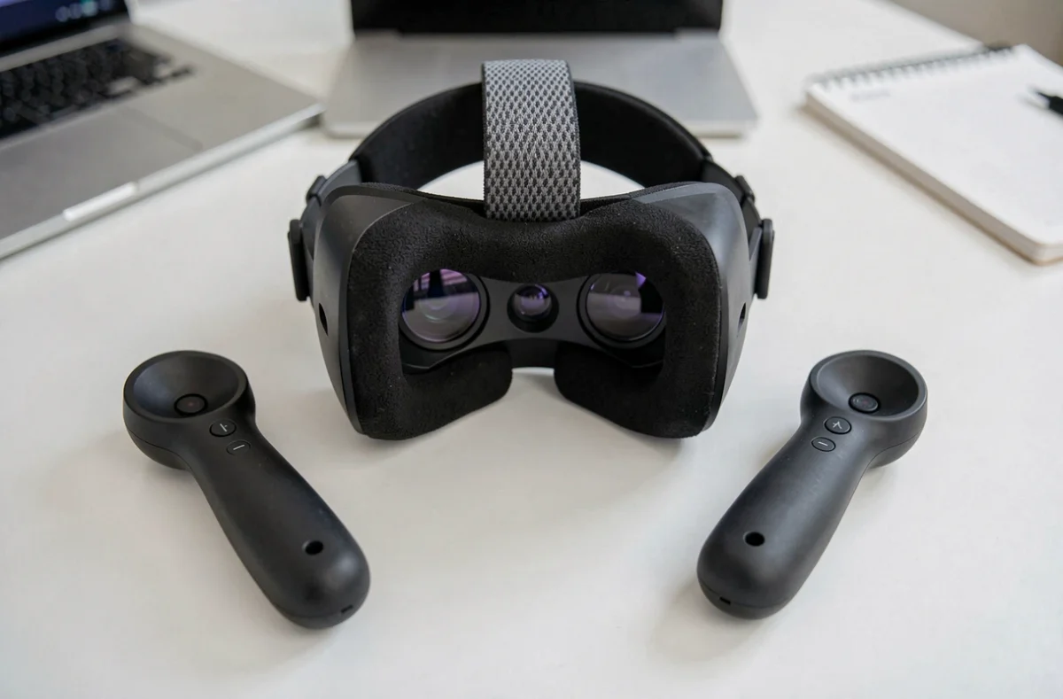 Casque VR autonome et contrôleurs posés sur une table blanche, gros plan détaillé illustrant les composants matériels attendus du Meta Quest 4