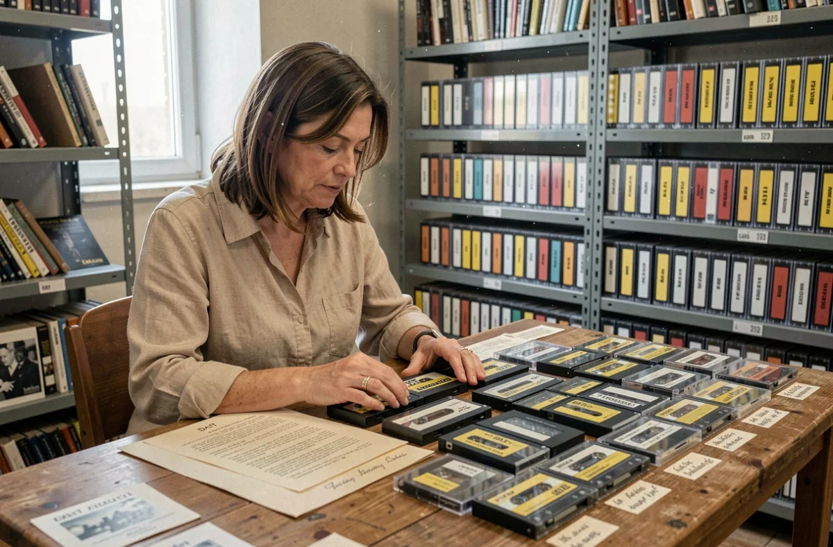 Archiviste examinant des cassettes DAT dans une salle d'archives musicales professionnelle
