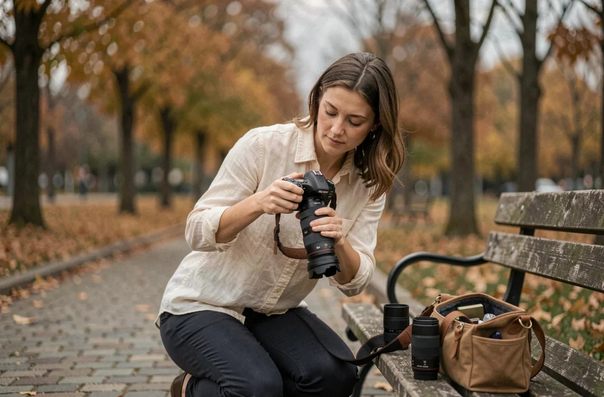Photographe changeant d'objectif en plein air avec plusieurs optiques polyvalentes