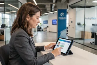 Femme d'affaires utilisant un chatbot IA dans une agence bancaire moderne sur tablette