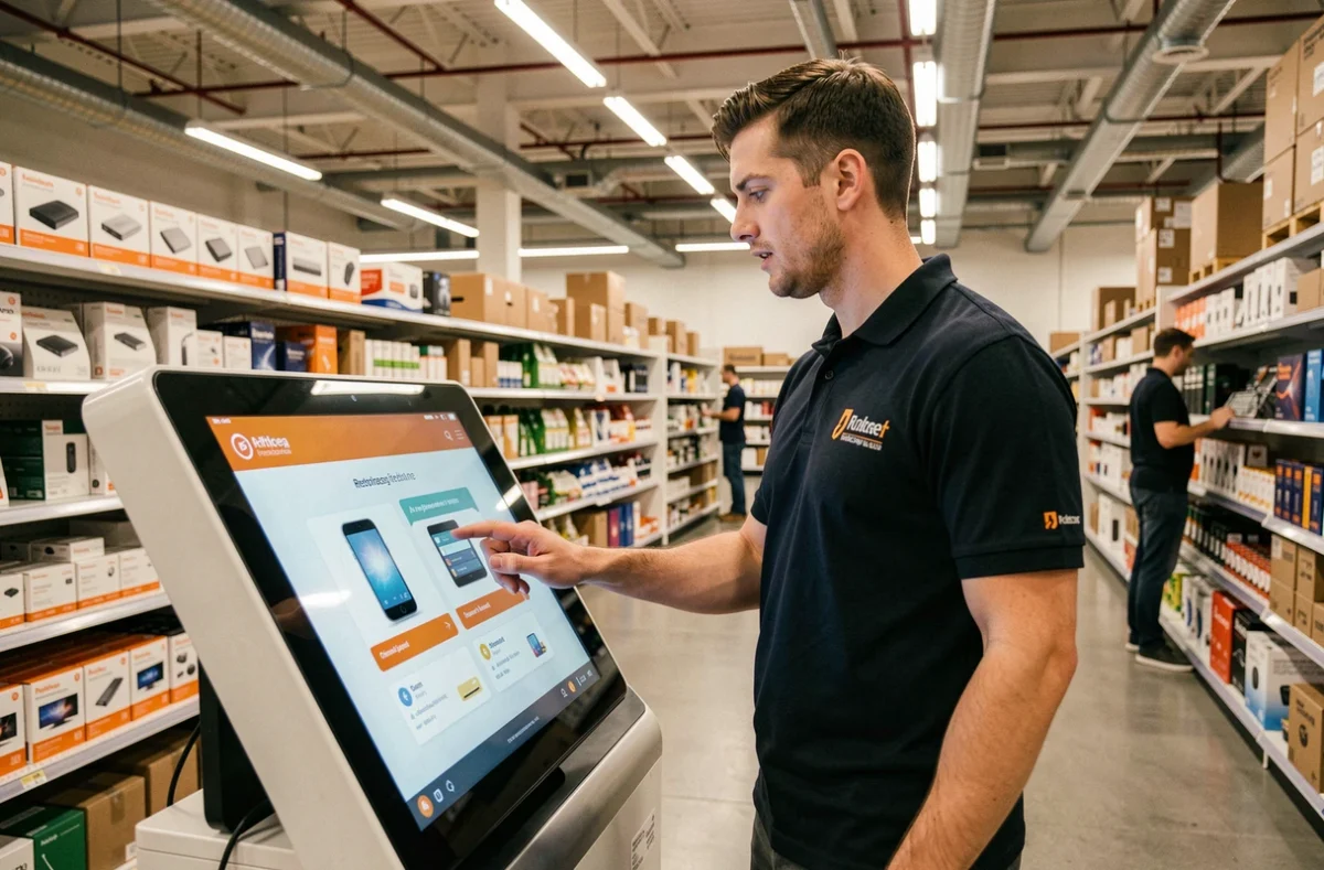 Employé de commerce utilisant un kiosque chatbot IA dans un magasin de détail ou centre logistique