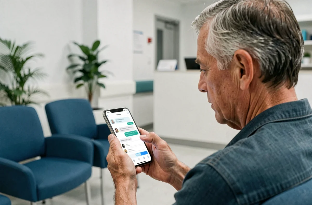 Patient consultant un chatbot IA de santé sur smartphone dans une salle d'attente hospitalière