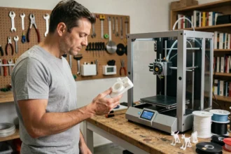 Homme examinant une pièce imprimée en 3D à côté de son imprimante FDM dans un atelier maker bien équipé