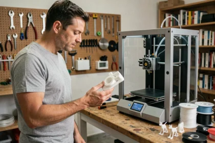 Homme examinant une pièce imprimée en 3D à côté de son imprimante FDM dans un atelier maker bien équipé