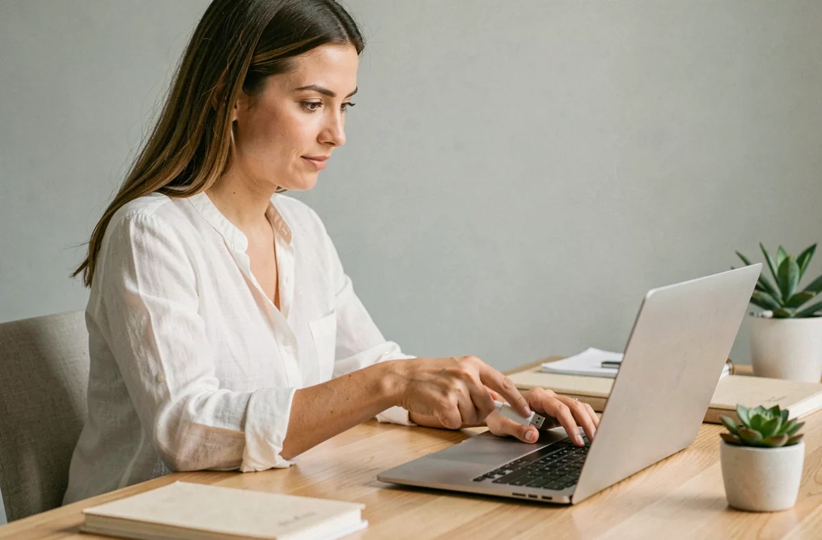 Femme branchant une clé USB sur un ordinateur portable dans un bureau à domicile