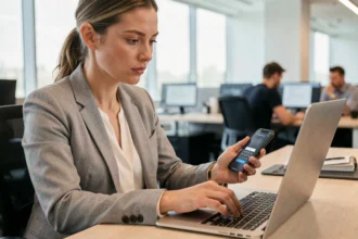 Femme en bureau saisissant un code d'authentification à deux facteurs sur ordinateur portable avec son smartphone
