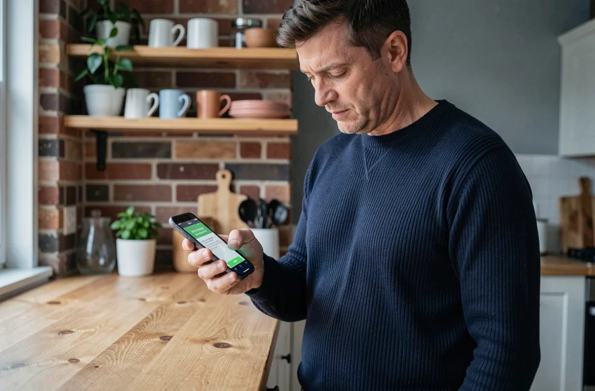 Homme à la cuisine consultant un code d'authentification à usage unique sur son smartphone