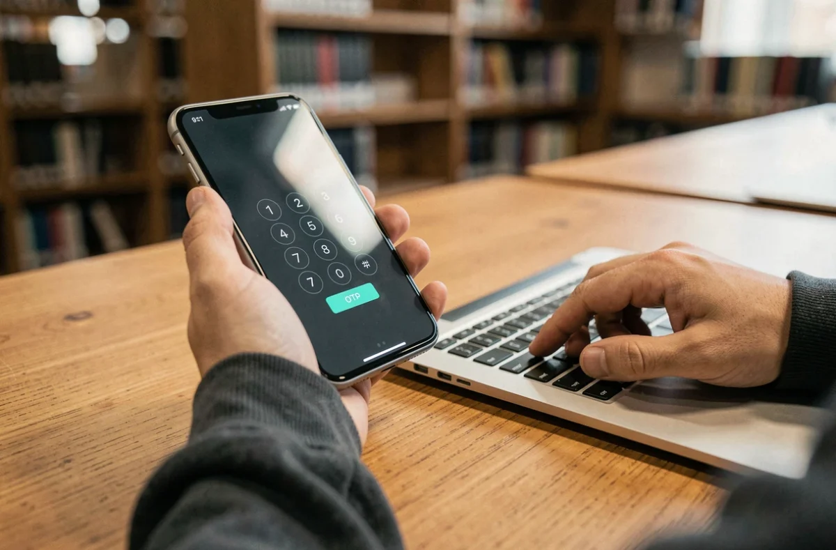 Gros plan de mains tenant un smartphone affichant un code OTP pour une authentification sécurisée