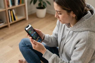 Jeune femme codant du HTML sur son smartphone dans un bureau minimaliste à domicile