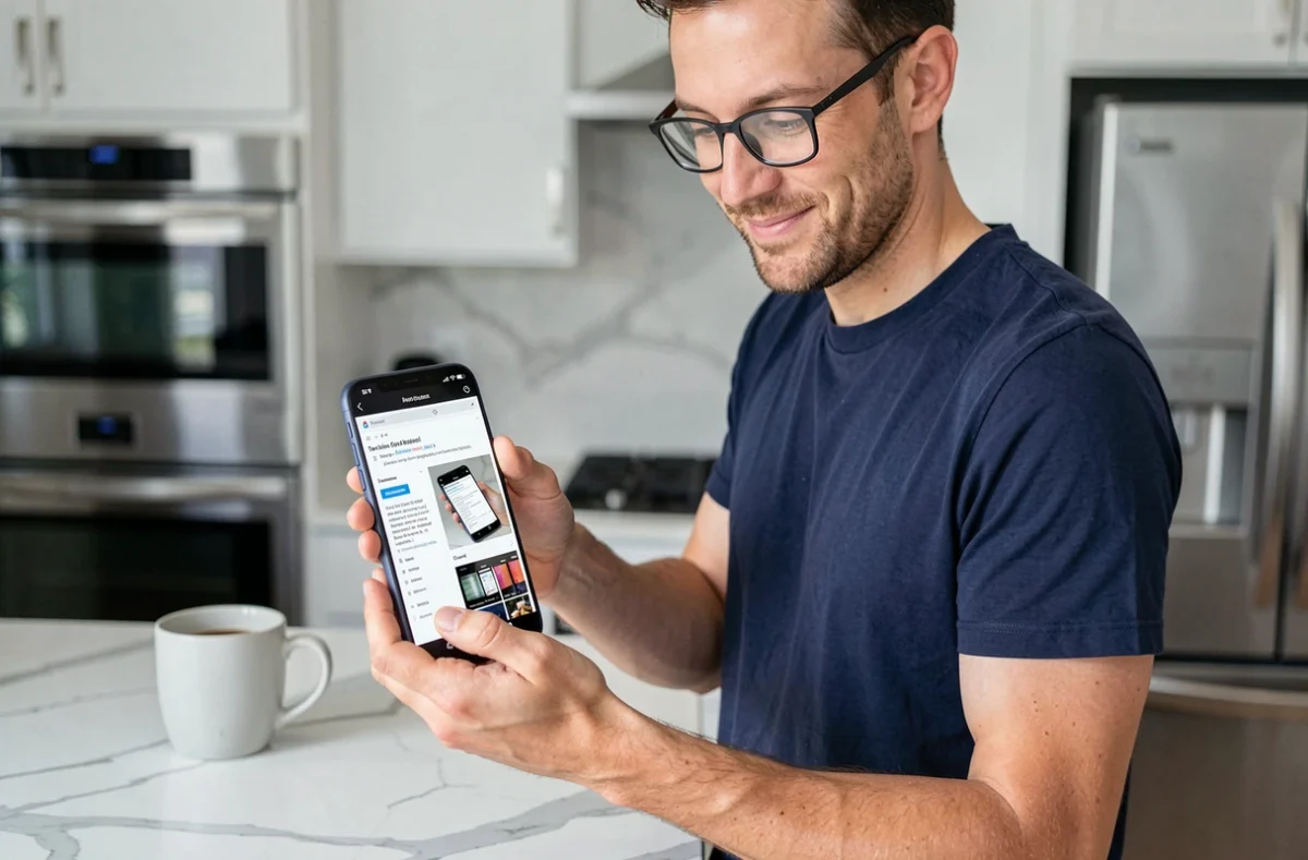 Homme debout dans une cuisine moderne codant du HTML sur son téléphone Android