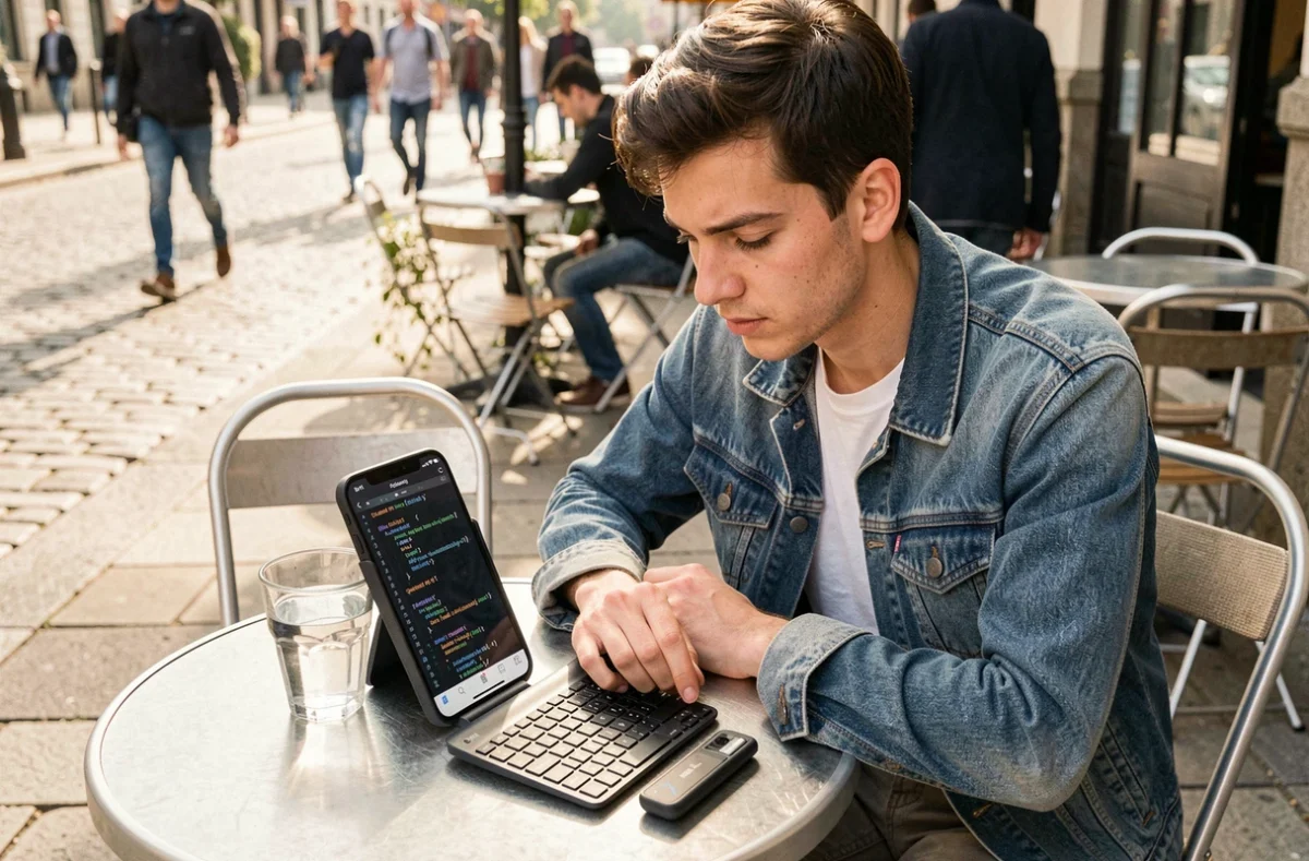 Étudiant codant du HTML sur smartphone avec clavier Bluetooth en terrasse de café urbain