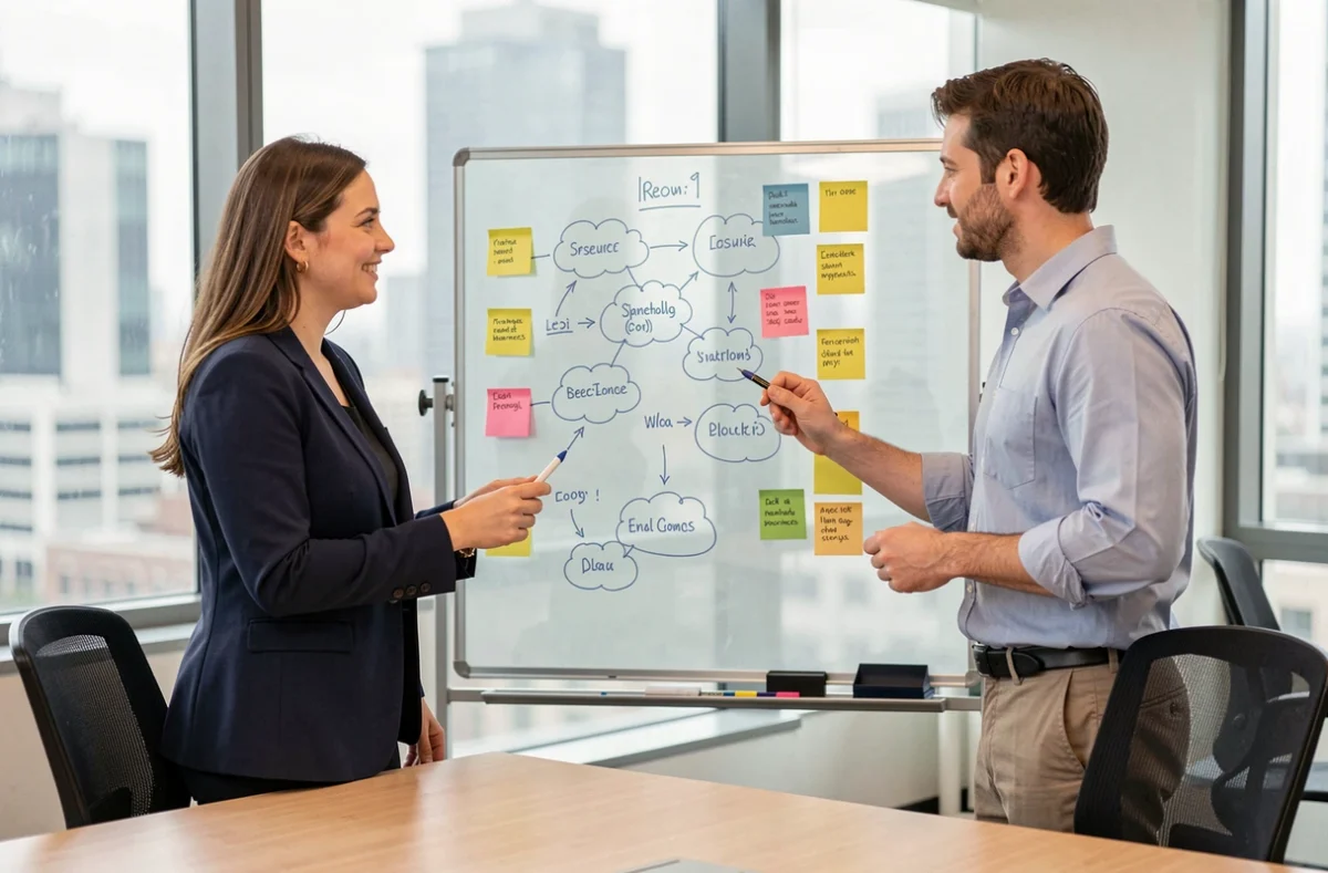 Deux professionnels collaborant devant un tableau blanc avec des schémas d'architecture cloud dans une salle de réunion moderne