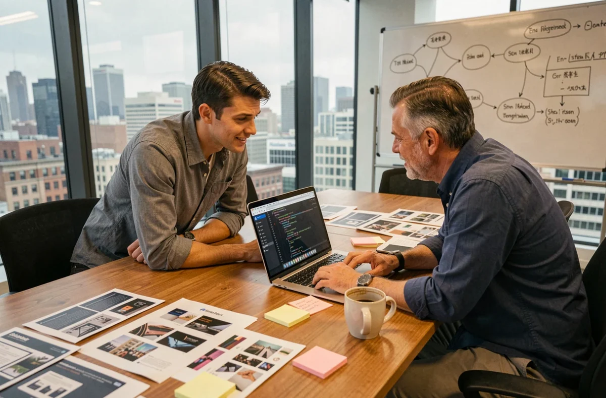 Deux développeurs collaborant sur le code source d'un site web dans un espace de travail moderne