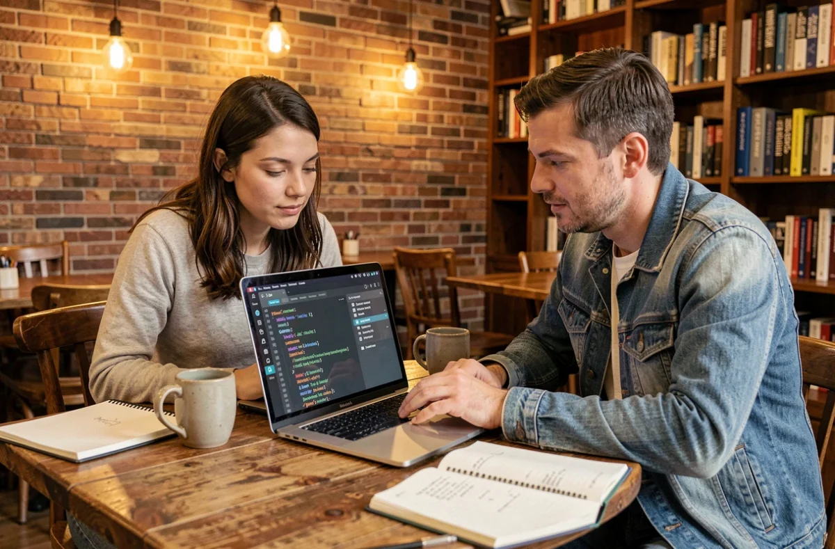 Deux développeurs collaborant sur un ordinateur portable avec autocomplétion IA dans un café cosy, représentant l'avenir de la programmation