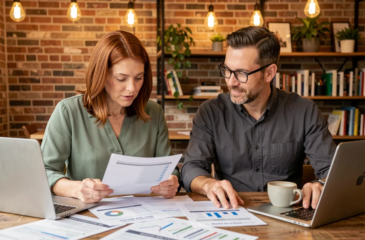 Deux professionnels du marketing digital collaborant sur une stratégie SEA et netlinking dans un espace de coworking