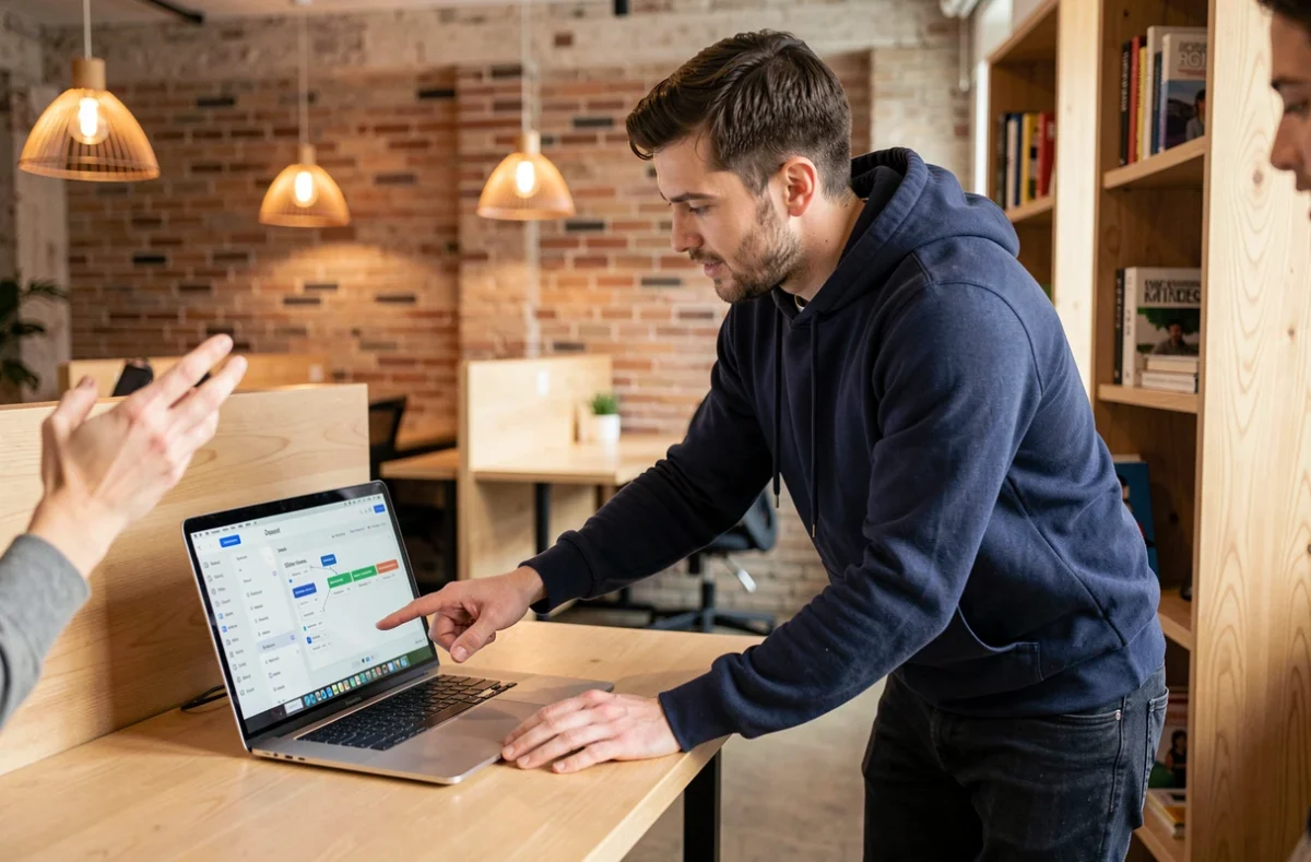 Deux collègues discutant du meilleur outil pour créer un site web dans un espace de coworking