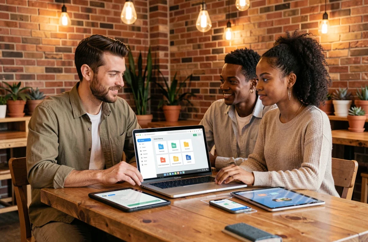 Deux collègues utilisant un tableau de bord de stockage cloud sur ordinateur portable et tablette dans un espace de coworking convivial