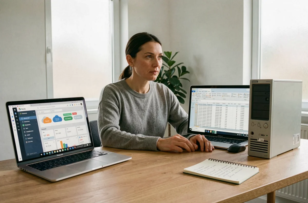 Femme comparant Microsoft Access et une application de base de données moderne sur deux ordinateurs dans un bureau à domicile