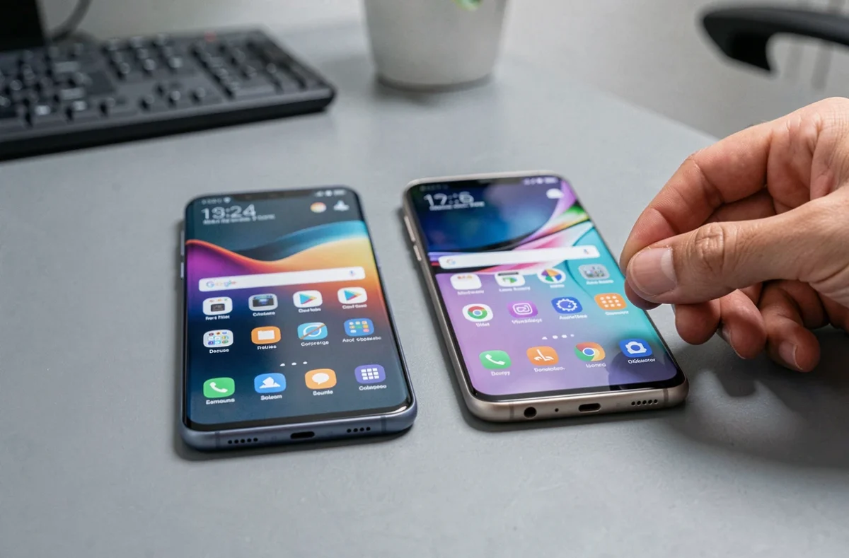 Comparaison de deux modèles Samsung Galaxy côte à côte sur un bureau pour identifier le plus recommandé
