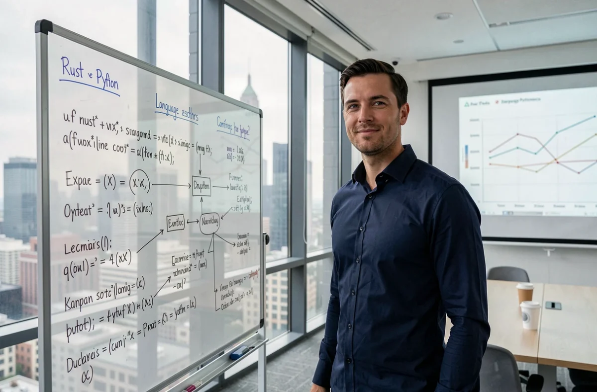 Développeur présentant une comparaison de langages de programmation sur un tableau en verre dans une salle de réunion startup