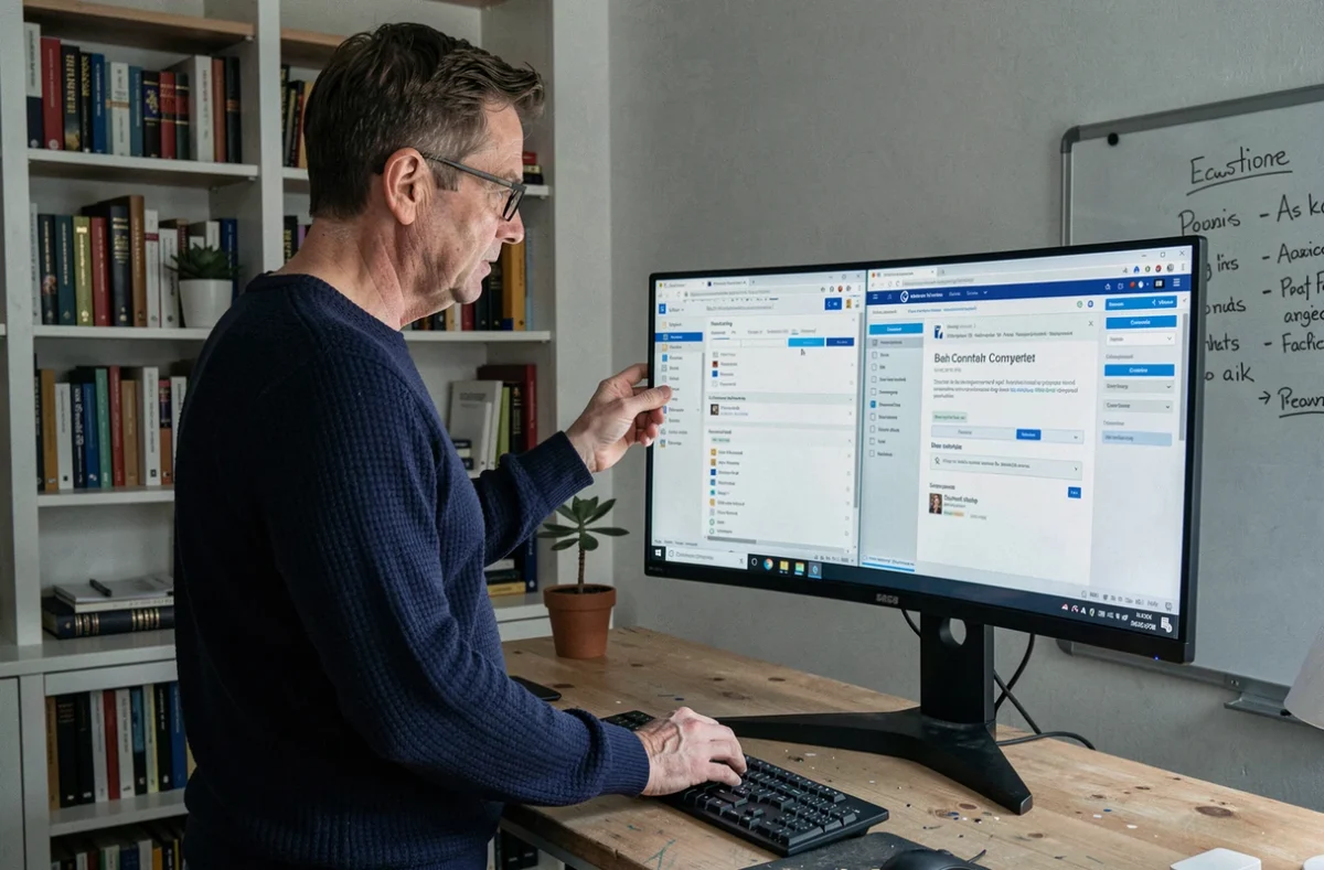 Homme comparant différents logiciels de conversion PDF sur un grand écran dans un bureau à domicile