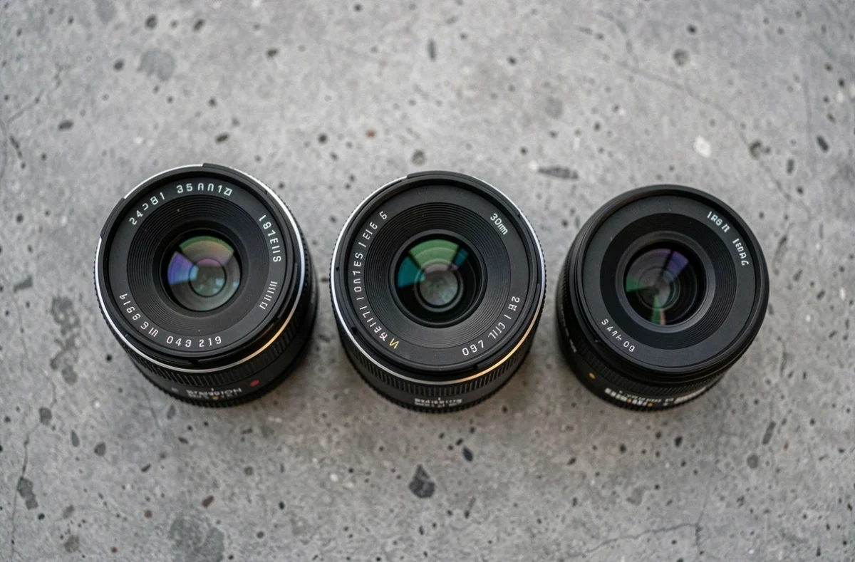 Comparaison de trois objectifs photo polyvalents 35mm 50mm et 24-70mm sur fond béton
