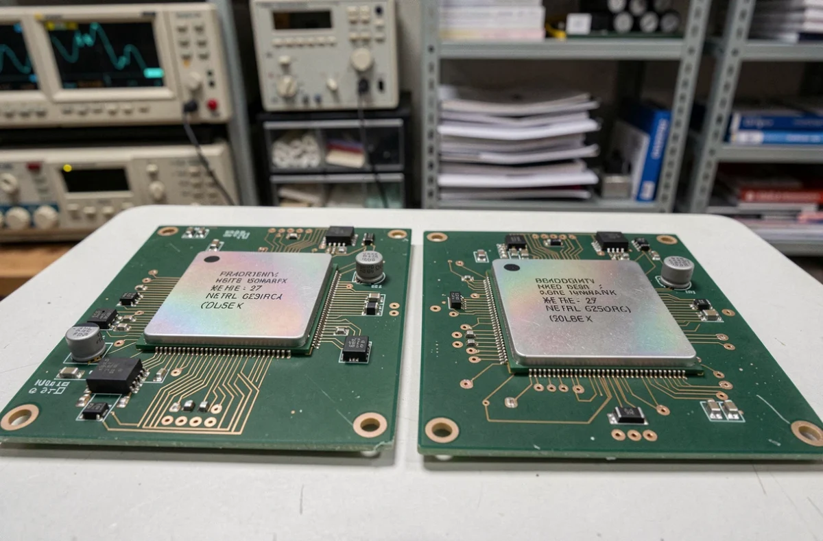 Comparaison macro de deux puces processeur ARM et x86 sur des circuits imprimés dans un laboratoire électronique