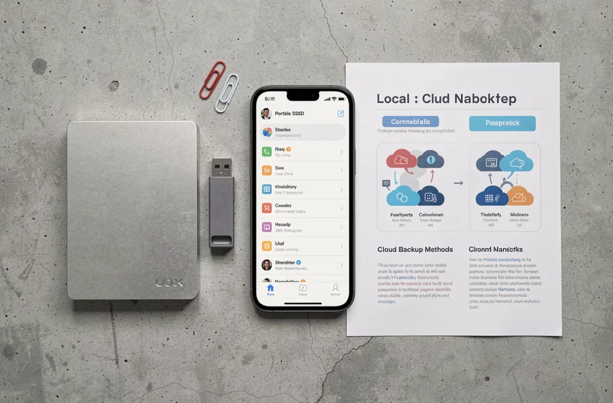 Comparaison visuelle entre supports de sauvegarde locale et application de sauvegarde cloud sur fond béton